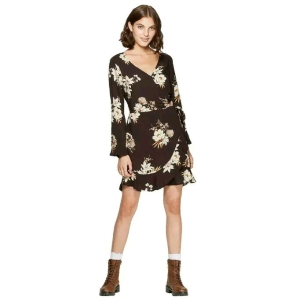 NWT Xhilaration Black Floral Wrap Mini Dress Long Sleeve Size XS